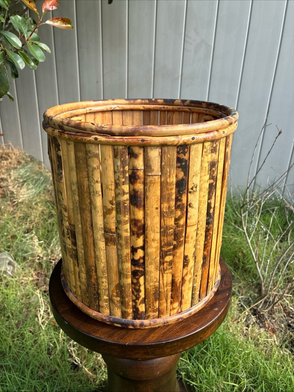 Vintage Coastal Tortoise Bamboo Wastebasket Cache pot Planter